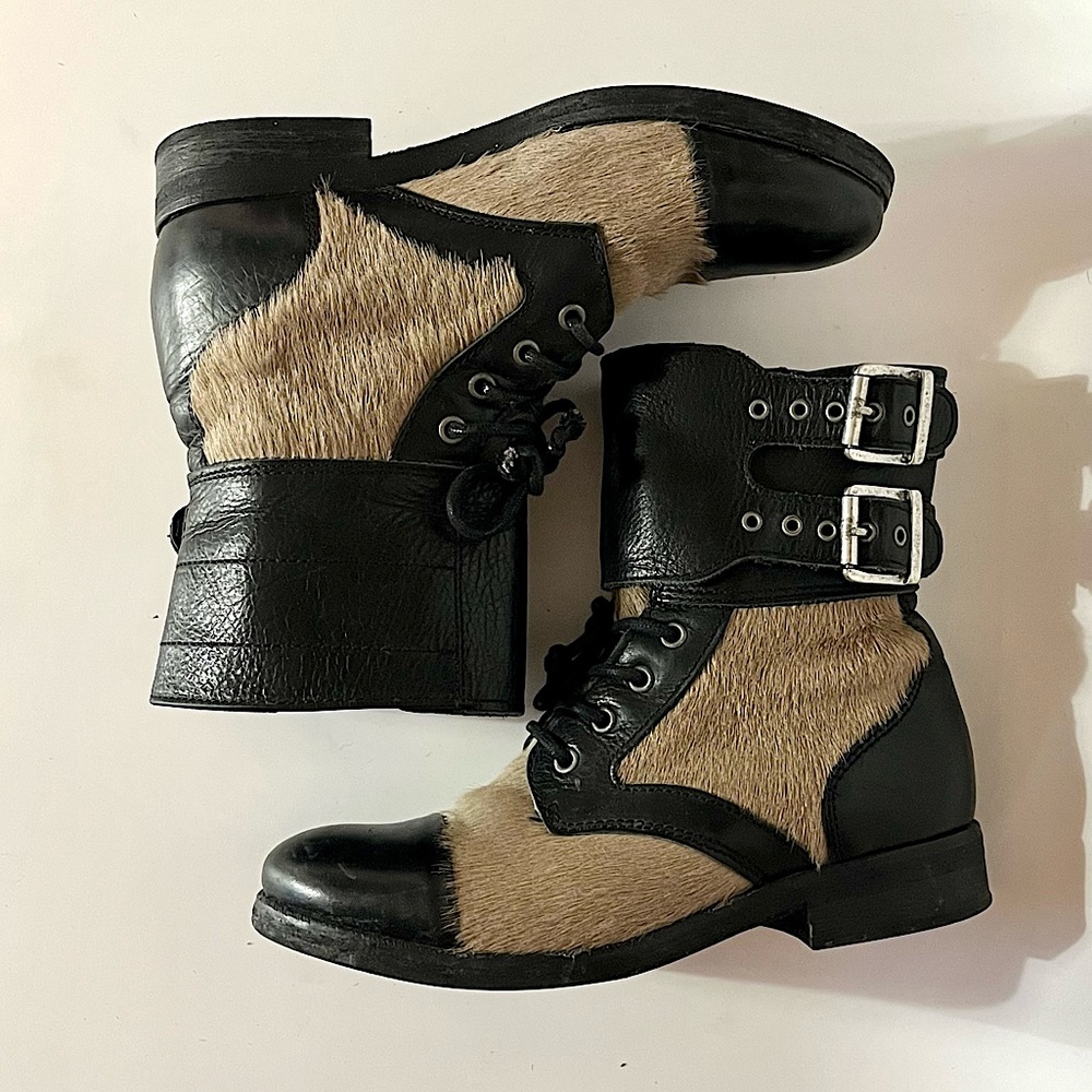 All Saints Damisi black leather & tan pony hair ankle boots with buckles sz 37